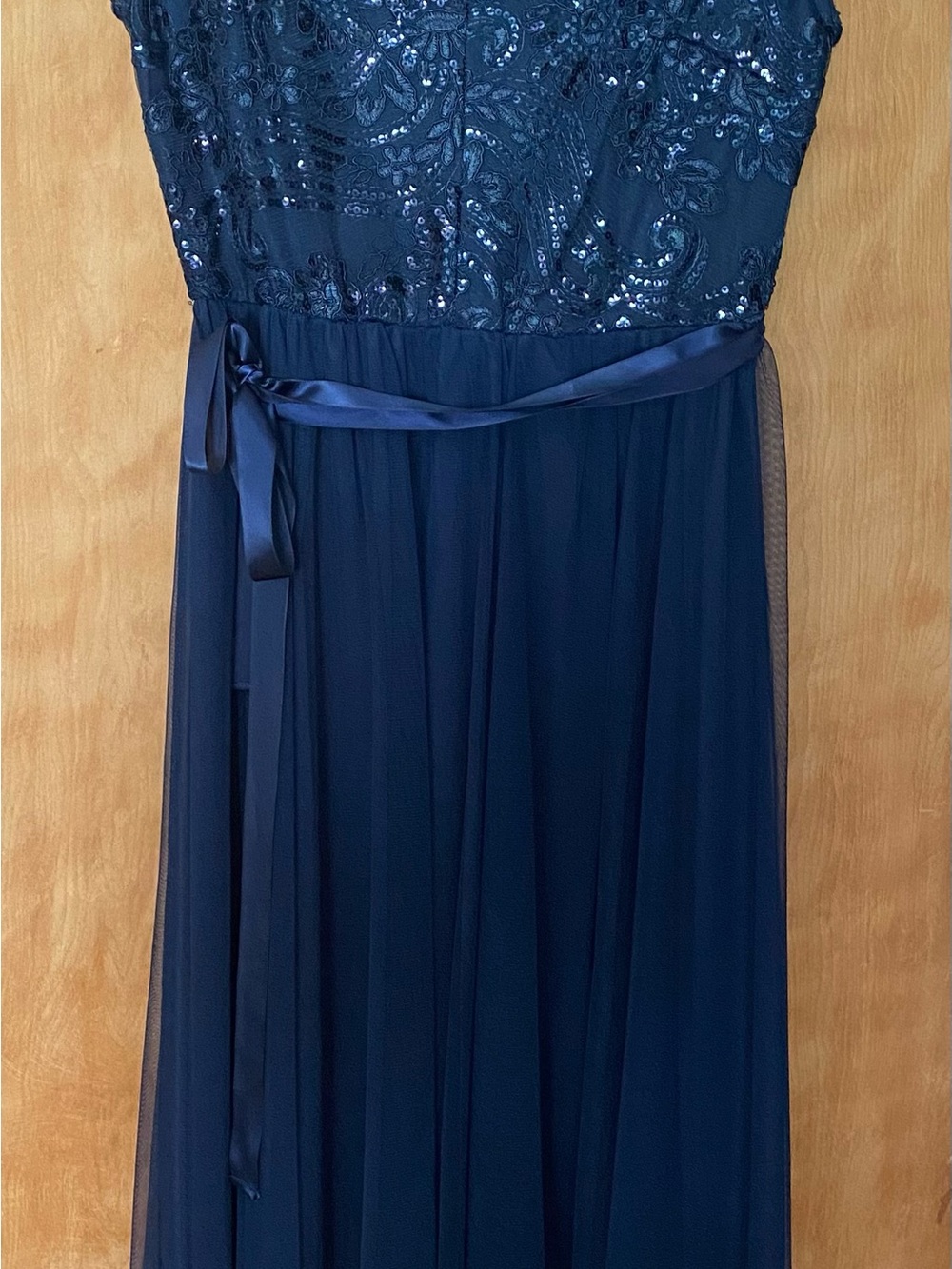 Women’s Navy Sequin Bodice Tulle Dress with Ribbon Waist